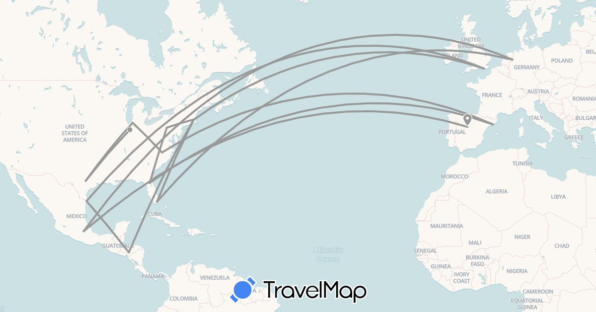 TravelMap itinerary: driving, plane in Spain, United Kingdom, Honduras, Mexico, Netherlands, United States (Europe, North America)
